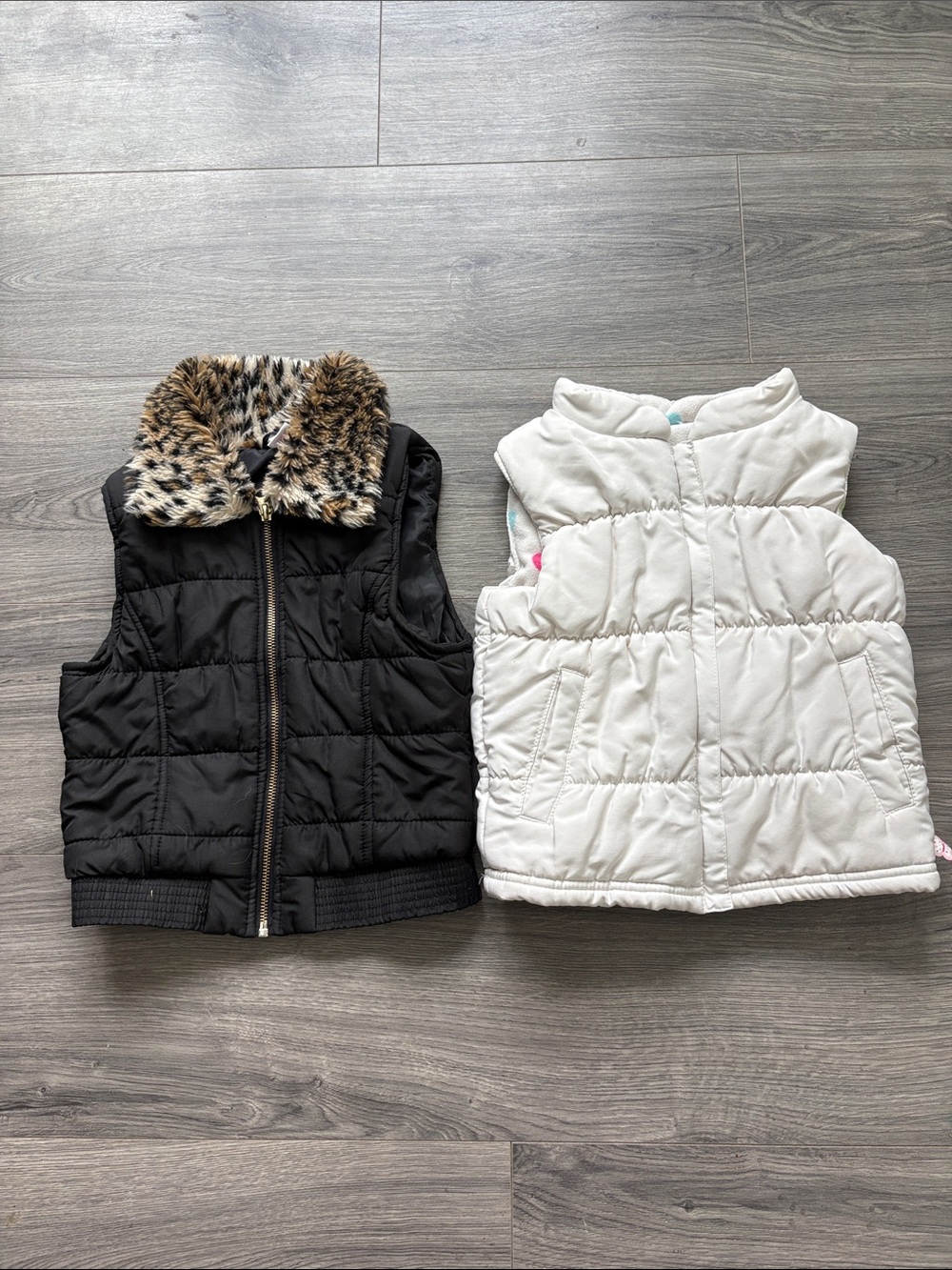 Girls Quilted Vest Duo - Black with Leopard Collar & White Puffer Vest, Size S